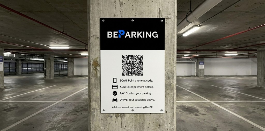 QR scan-to-pay sign in a car park